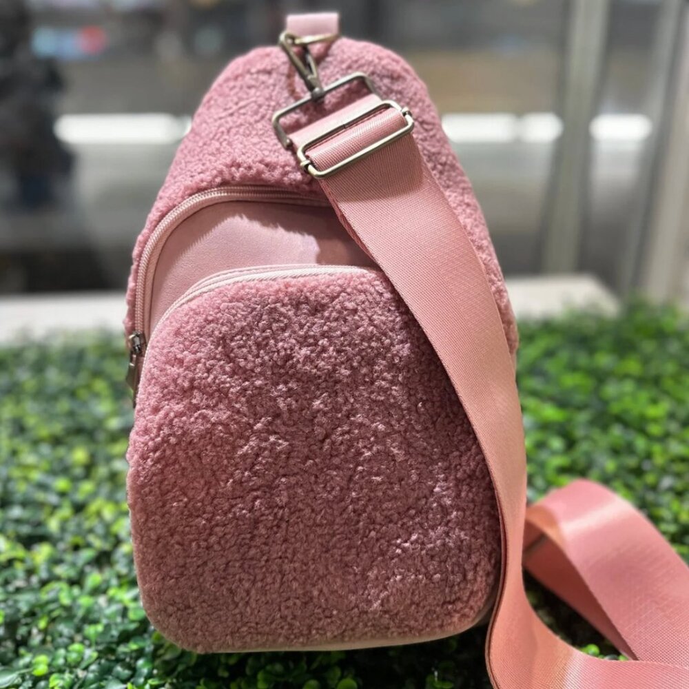 NWT Blush Pink Sherpa Sling Crossbody Bag Soft Fuzzy Travel Chest Bag